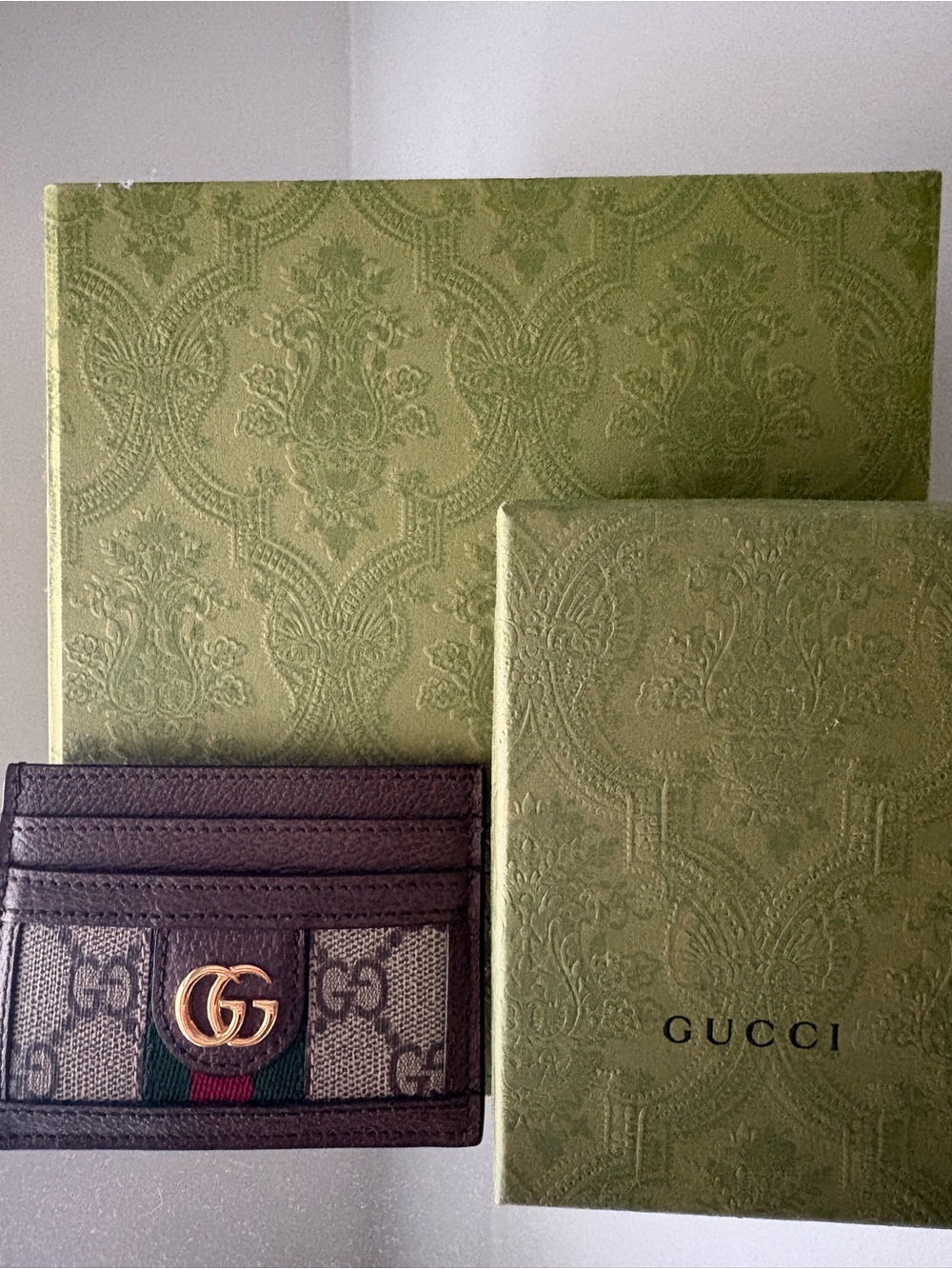 Gucci Brown GG Canvas Card Holder with Green and Red Web